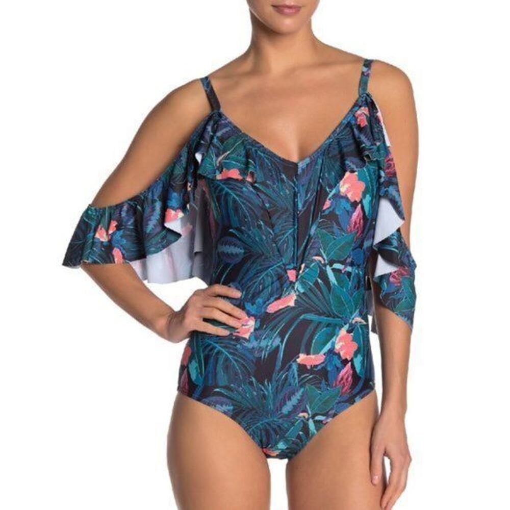 Nicole Miller Ruffled Cold Shoulder One-Piece Swimsuit in Into the Jungle NEW Md
